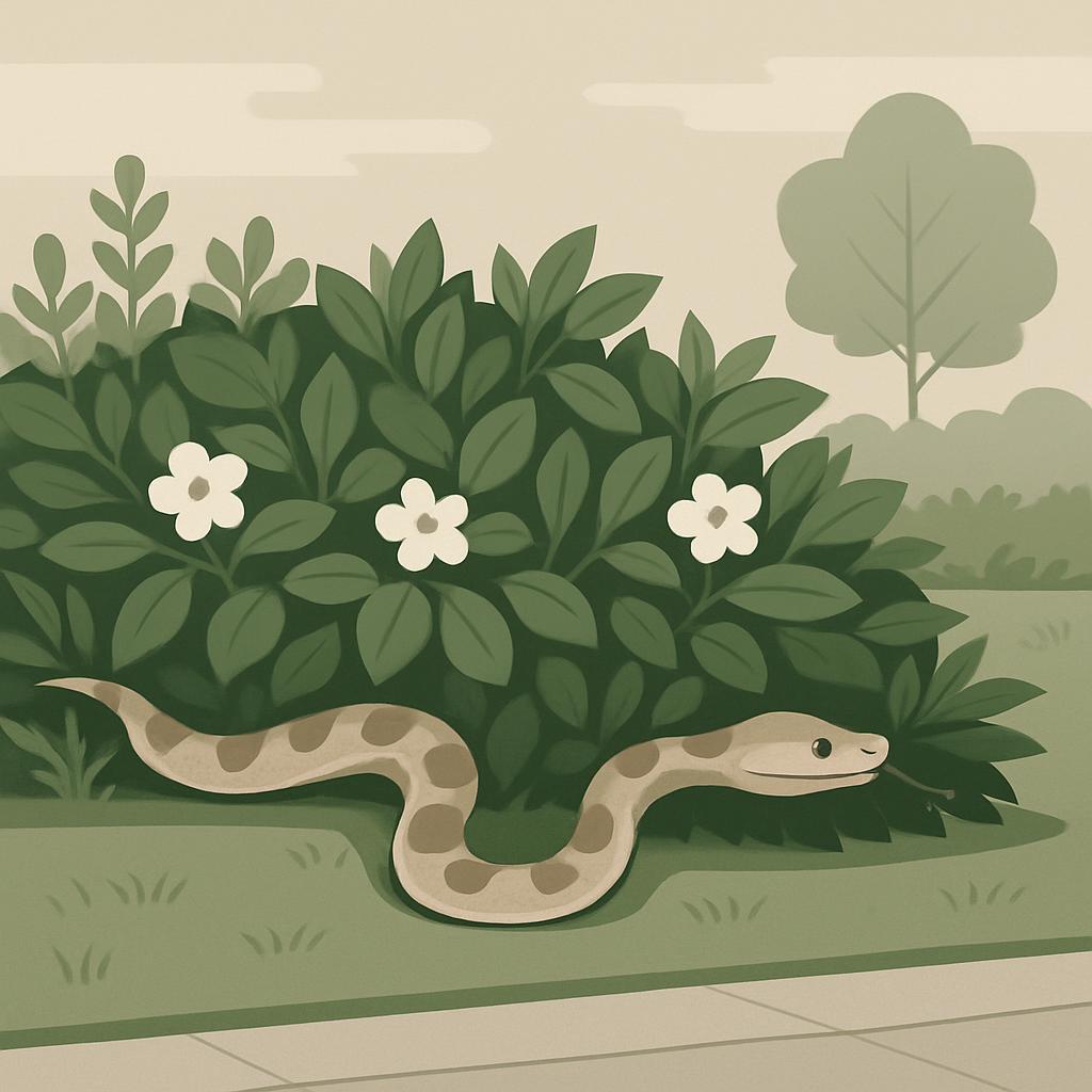 A cartoon snake in a floral and leafy outdoor setting.