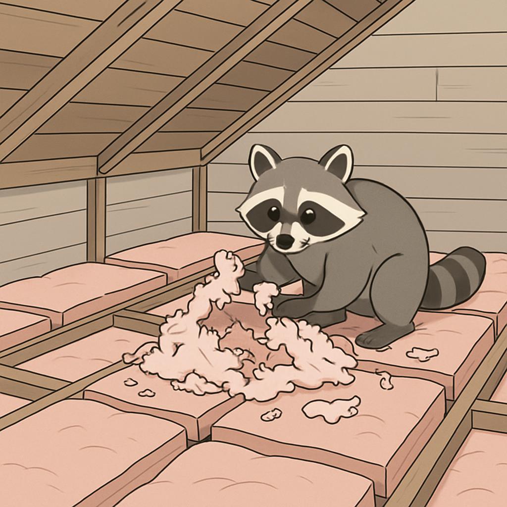 A raccoon is in an attic, playfully pulling off pieces of exposed insulation, surrounded by fluffy pink insulation.