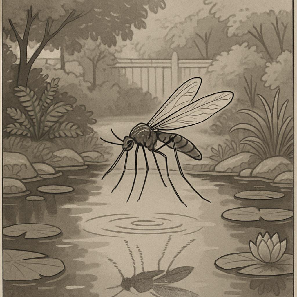 An illustration of a mosquito flying near the surface of a pond or river, with another one flying below the water. The bac...