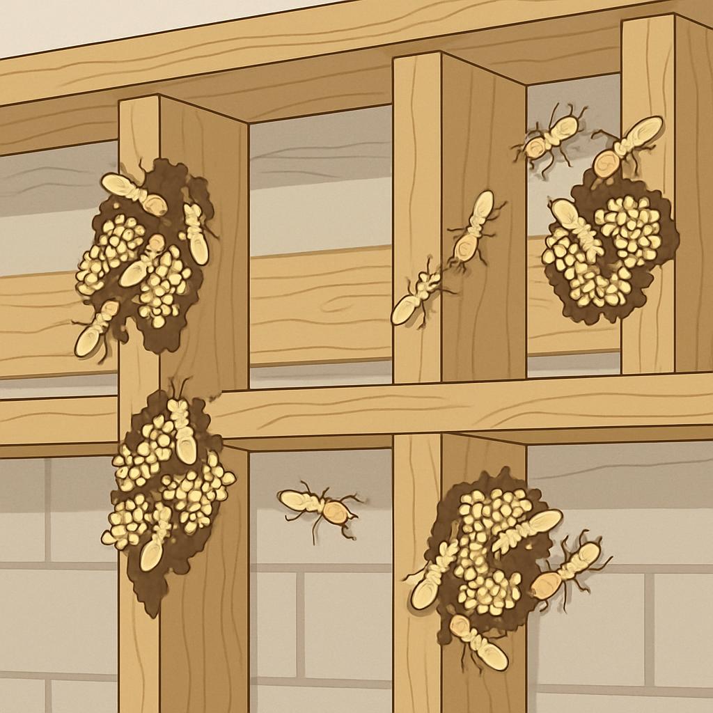 The image depicts an illustration of four wooden structures, likely a nest or den for insects such as ants or termites, se...