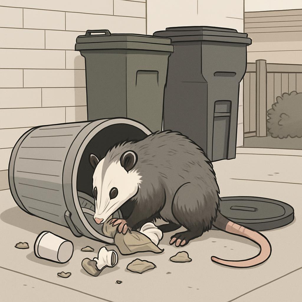 An opossum rummaging through trash in an alley, depicted in cartoon style.