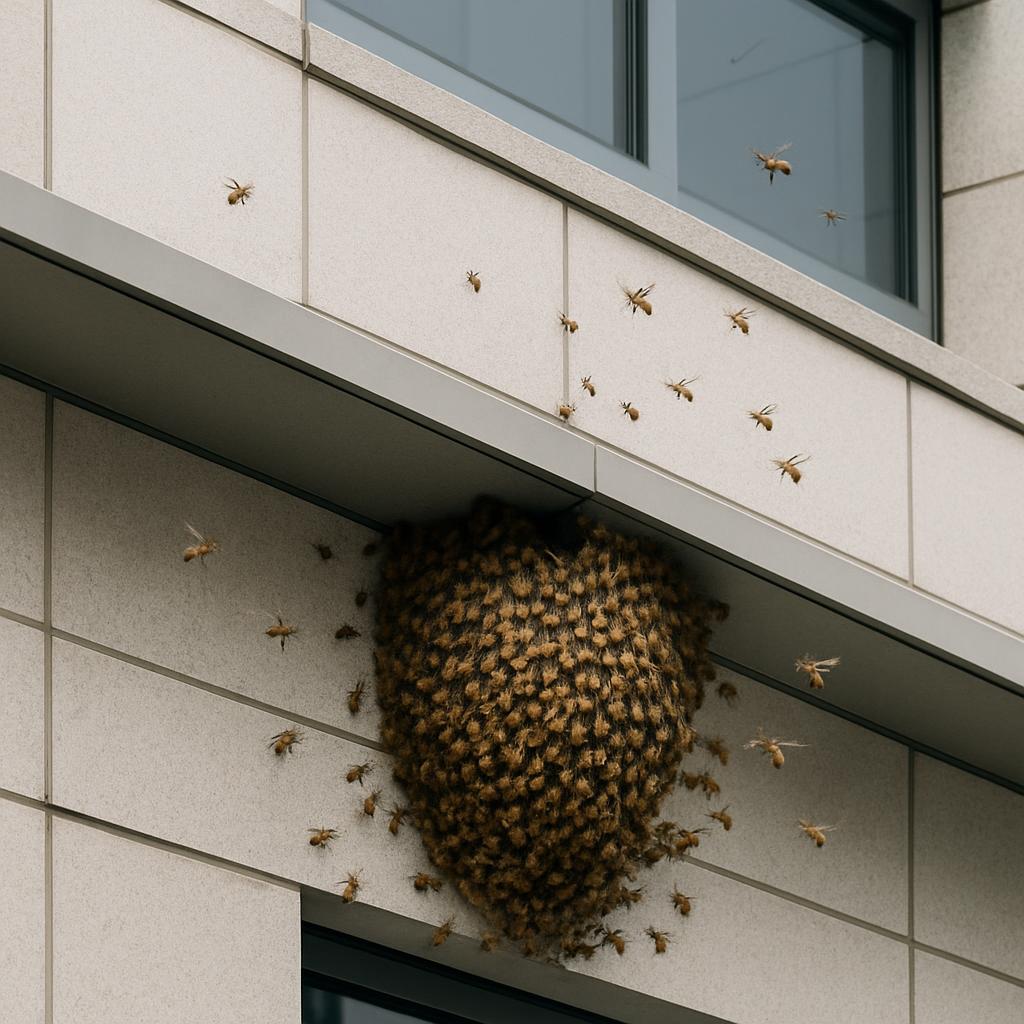 A large beehive on an exterior wall of a building, being swarmed by numerous bees.