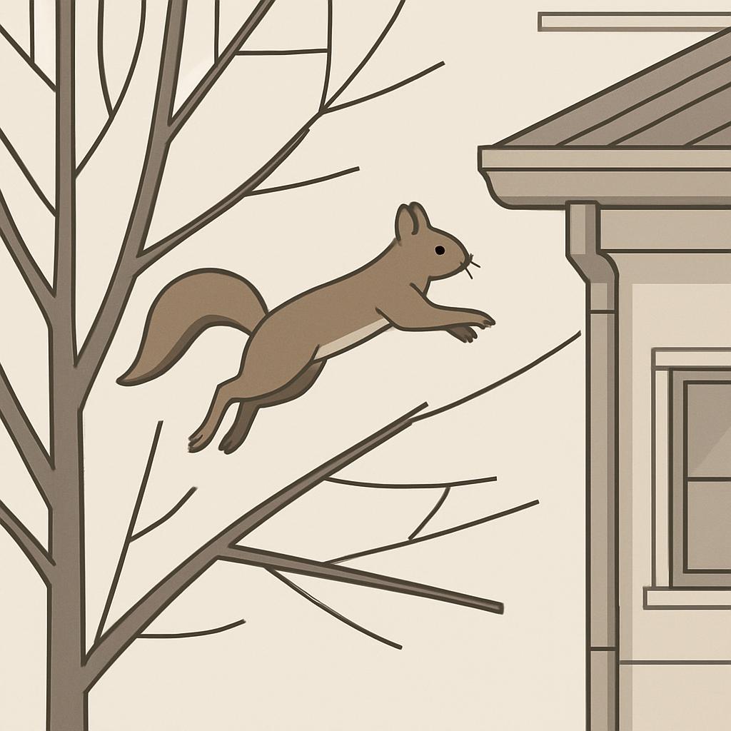 title A cartoon squirrel leaping on branches near a house, offering a whimsical glimpse into the outdoors.